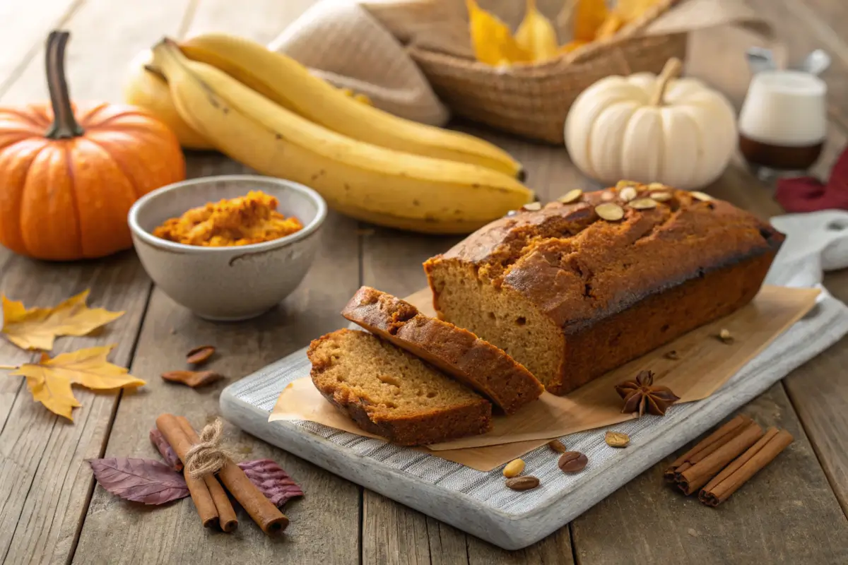 A freshly baked Pumpkin Banana Bread loaf surrounded by fall ingredients.