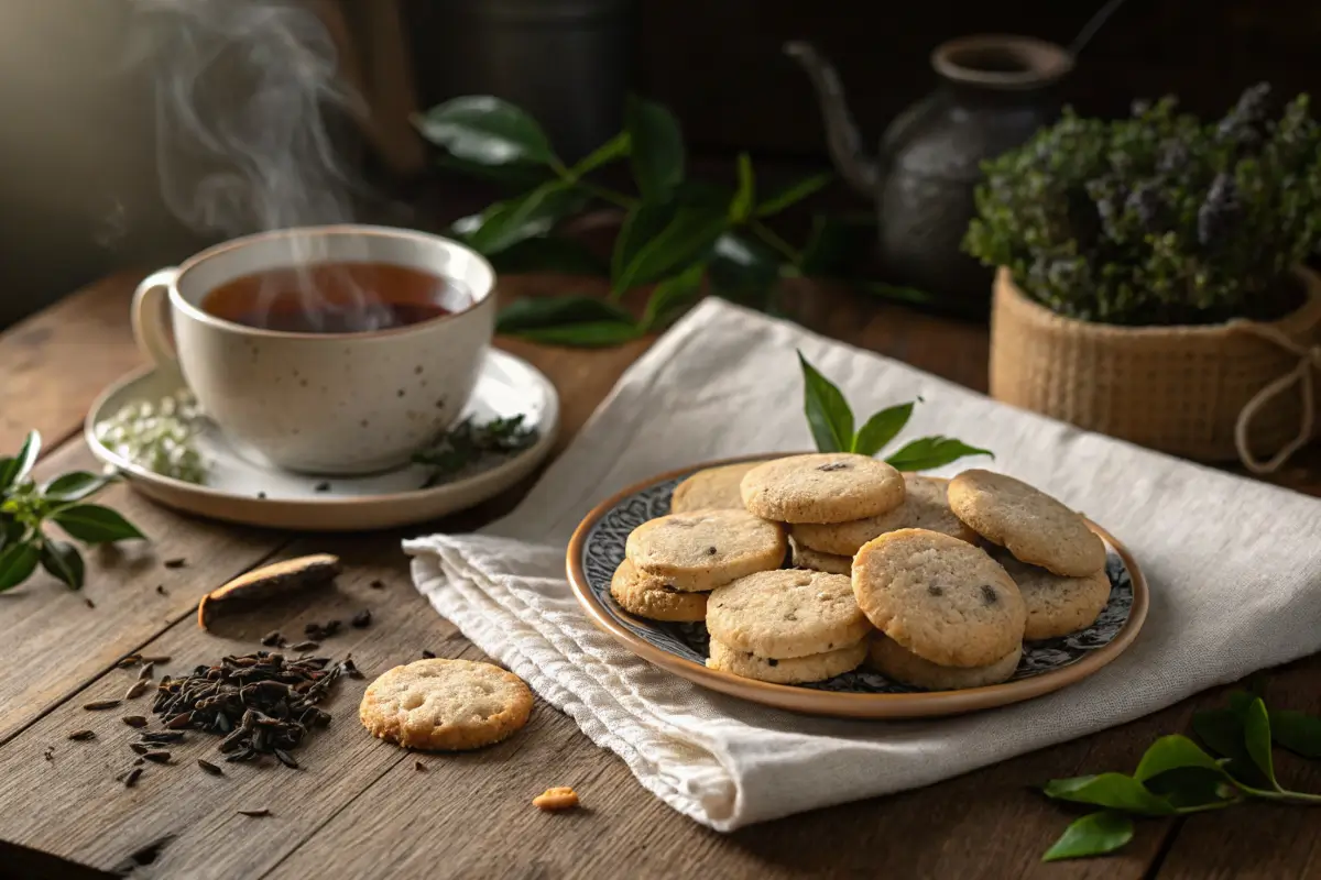 A plate of Earl Grey cookies with a cup of tea and tea leaves.