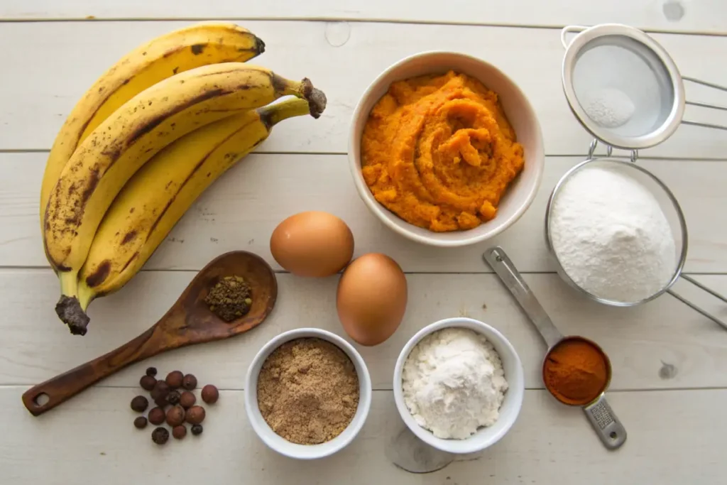 Ingredients for Pumpkin Banana Bread displayed on a table.