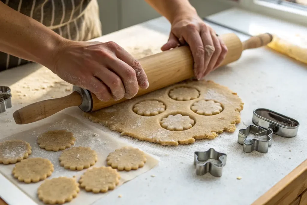 Hands shaping Earl Grey cookie dough with a cookie cutter.