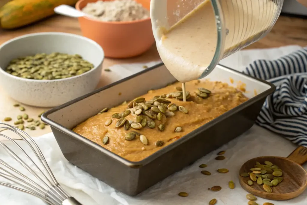 Batter being poured into a loaf pan for Pumpkin Banana Bread.