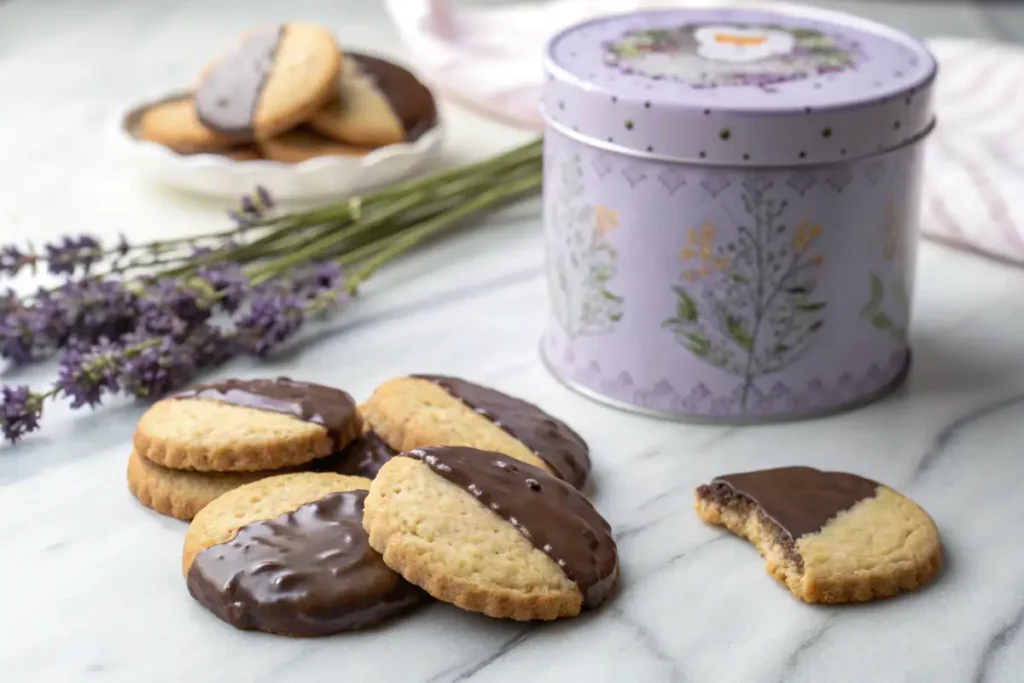 Earl Grey cookies with chocolate and lavender glaze.