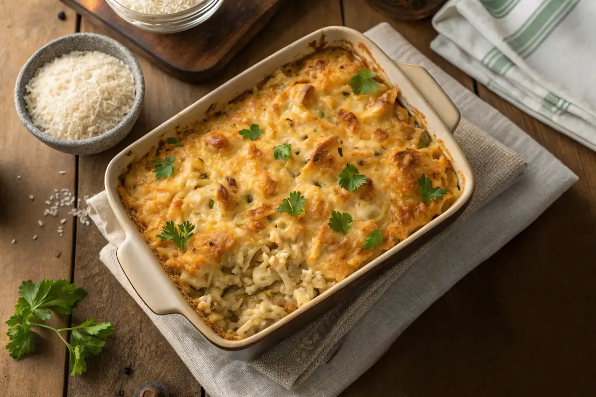 Old-fashioned chicken and rice casserole with a golden crust in a rustic dish.