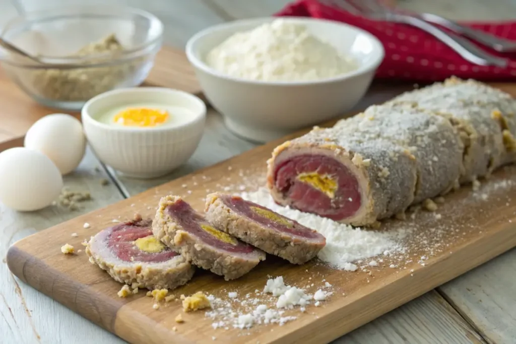 Beef slices being breaded for Milanesa