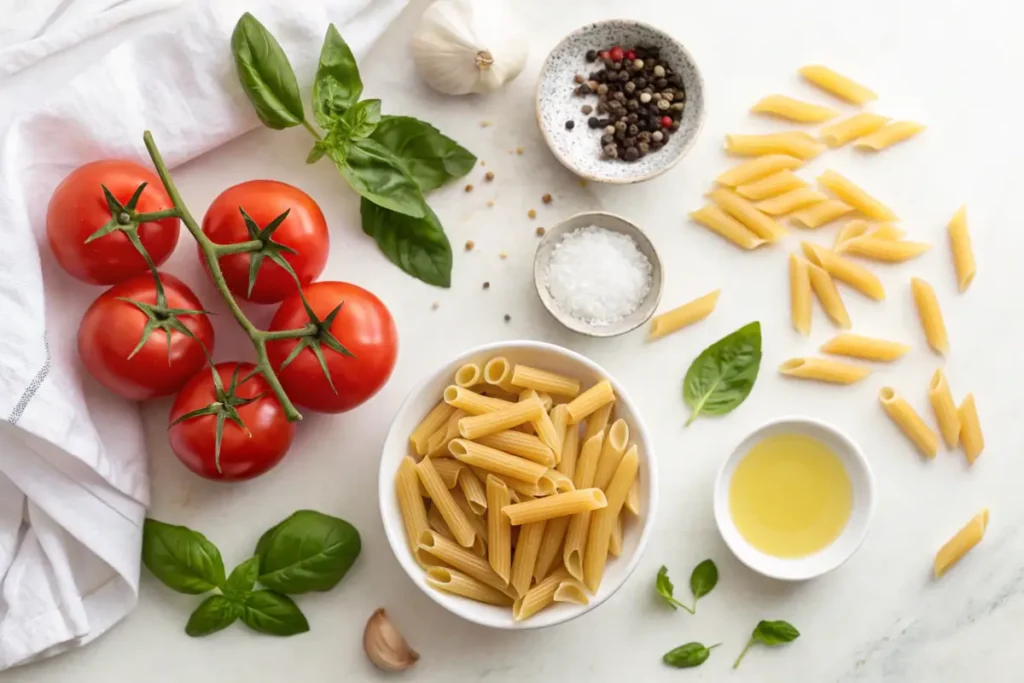 Ingredients for penne pomodoro on a marble surface