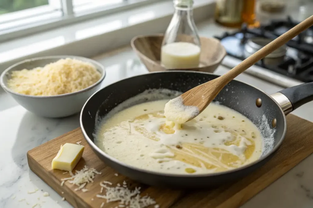 Alfredo sauce being stirred in a skillet with Parmesan cheese.