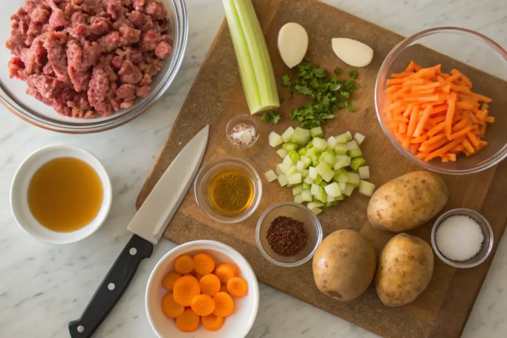 Ingredients for hamburger potato soup neatly arranged on a countertop.