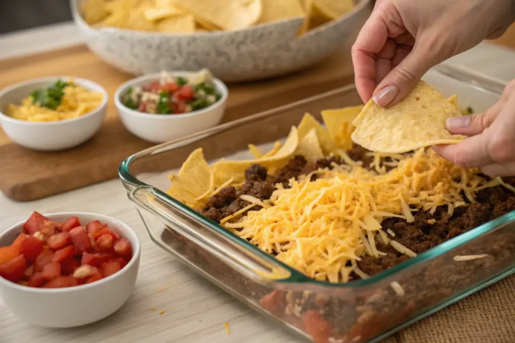 Preparing walking taco casserole with cheese and tortilla chips.