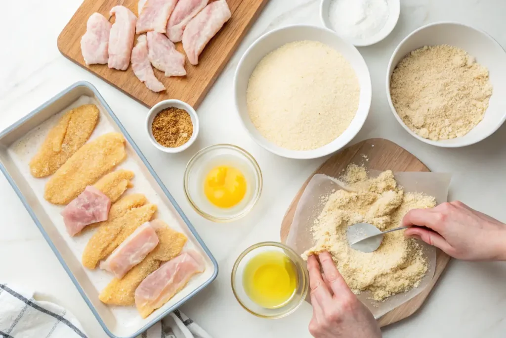 Step-by-step preparation of crispy chicken fritta with breading station.