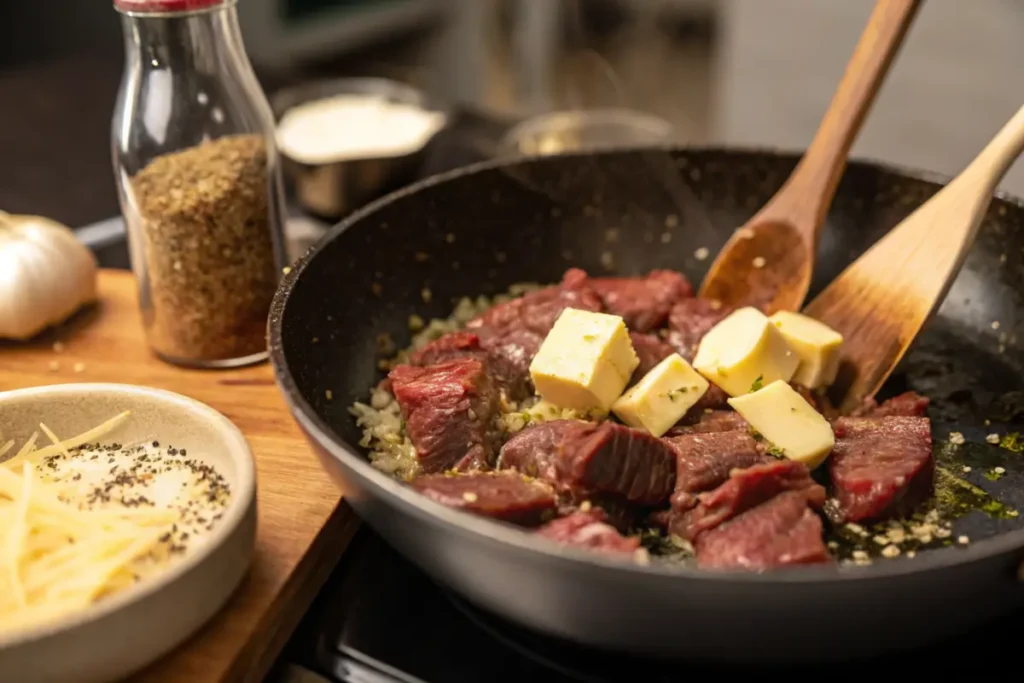 "Cooking beef in a skillet for beef pasta Alfredo.