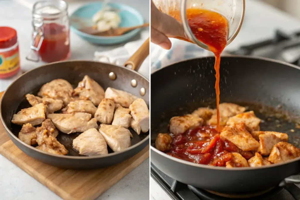  Cooking process of Empress Chicken with sauce and chicken in a skillet