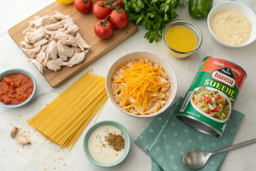 Essential ingredients for chicken spaghetti with Rotel, including chicken, Rotel tomatoes, spaghetti, cream of chicken soup, and cheese.