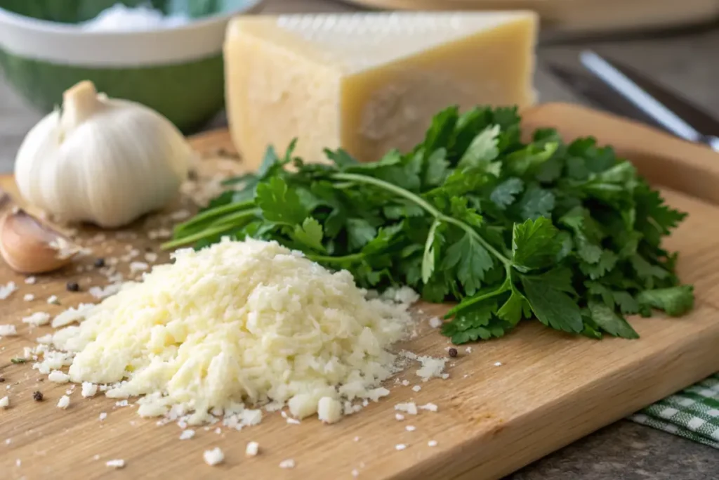 Fresh Parmesan cheese, garlic, and parsley on a wooden cutting board.