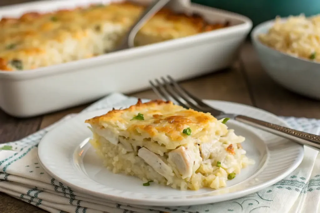 A close-up slice of old-fashioned chicken and rice casserole on a plate.