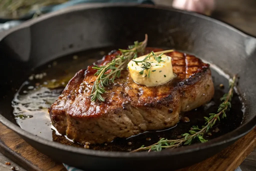 Skillet with seared steak in garlic butter and thyme sprigs.