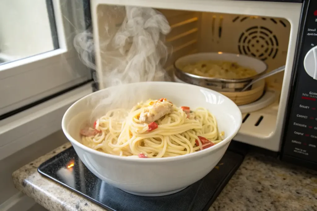 Reheating leftover chicken spaghetti with Rotel in the microwave