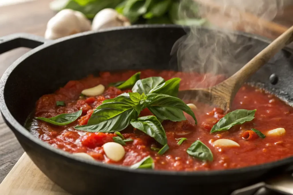 Simmering pomodoro sauce in a skillet with garlic and basil