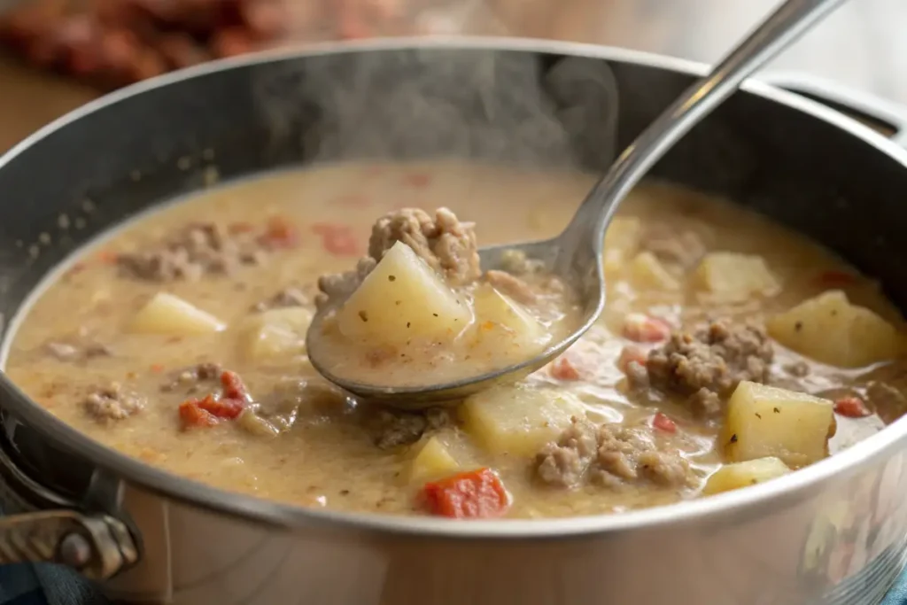 A spoon scooping creamy hamburger potato soup from a pot.