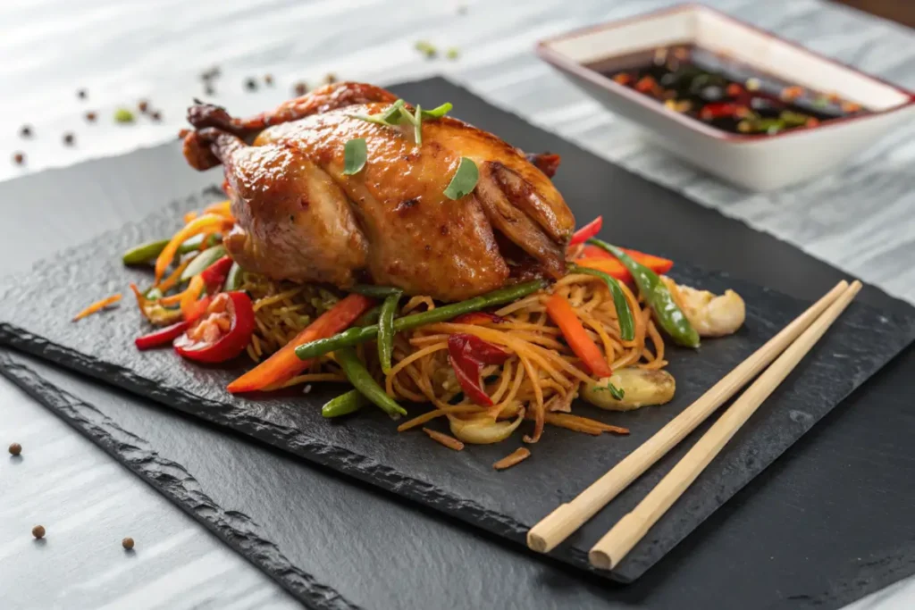 Empress Chicken served with stir-fried vegetables on a black platter