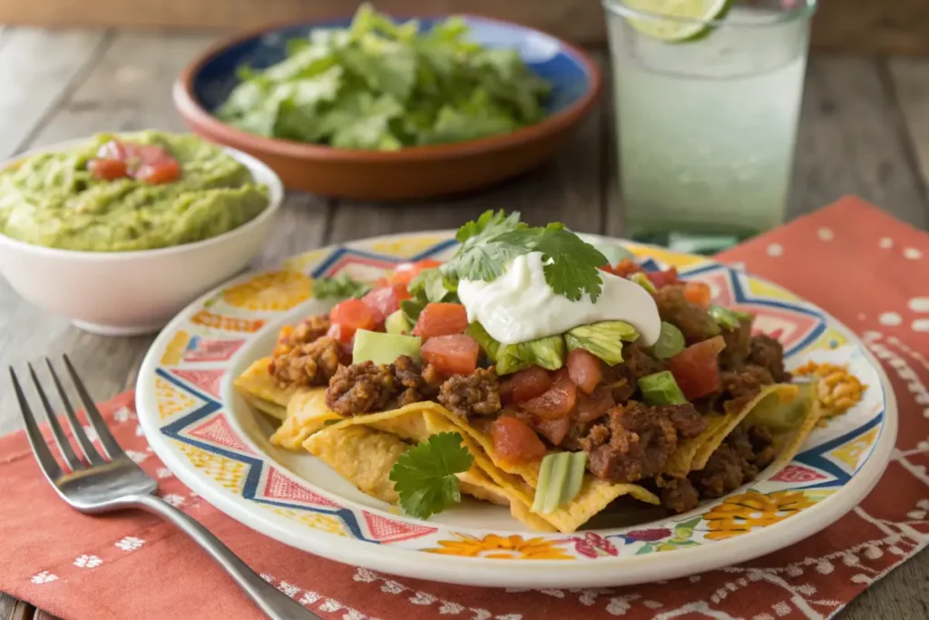 A serving of walking taco casserole with fresh toppings.