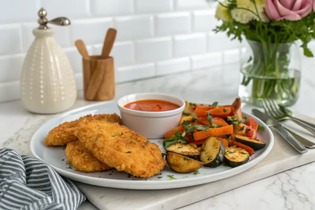 Crispy chicken fritta with roasted vegetables and dipping sauce.