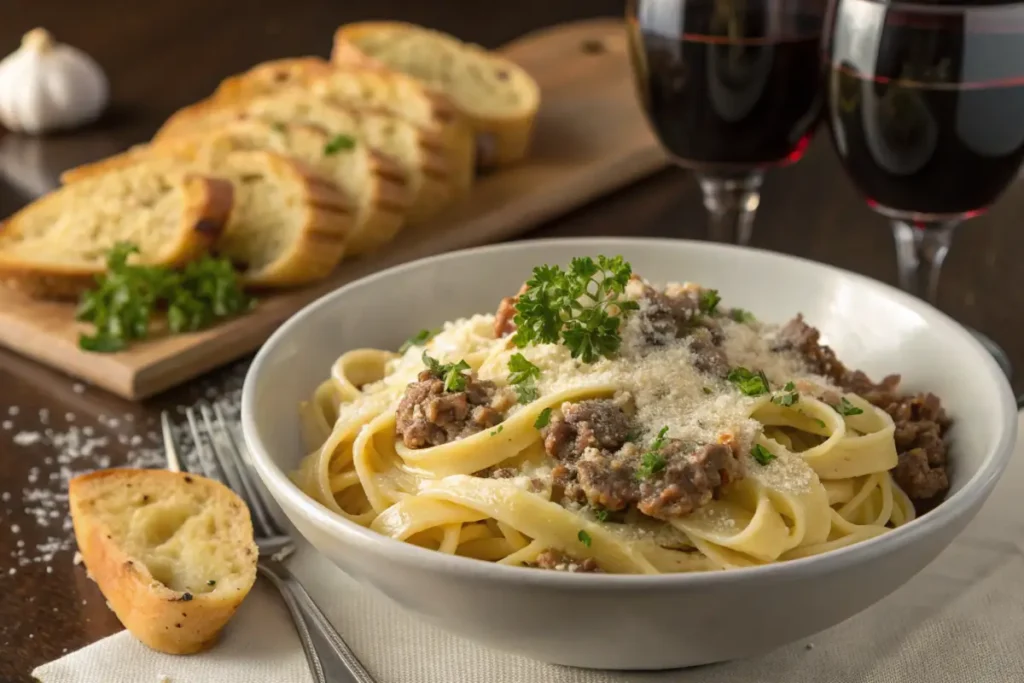 Beef pasta Alfredo served with garlic bread and wine.