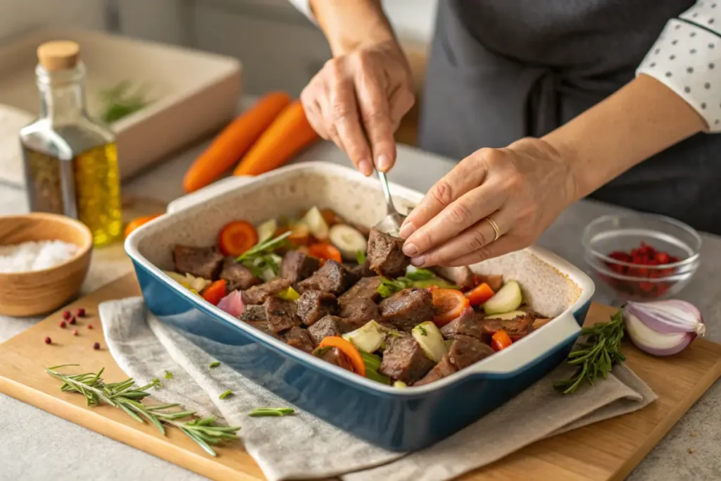 Preparing no peek beef tips in casserole dish