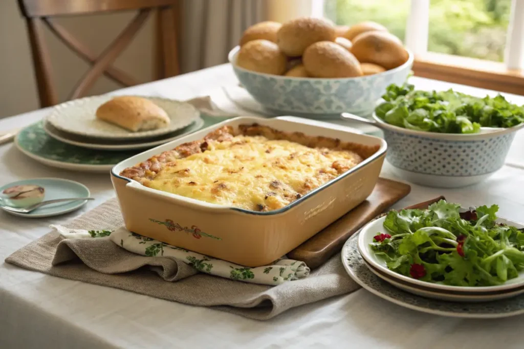 Chicken and rice casserole on a dinner table with rolls and salad.