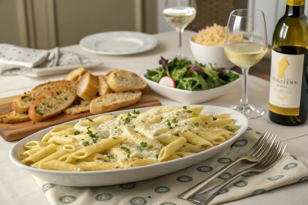 Family-style platter of penne Alfredo with side dishes.