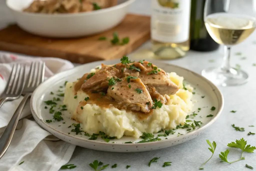 Slow cooker garlic Parmesan chicken served over mashed potatoes.