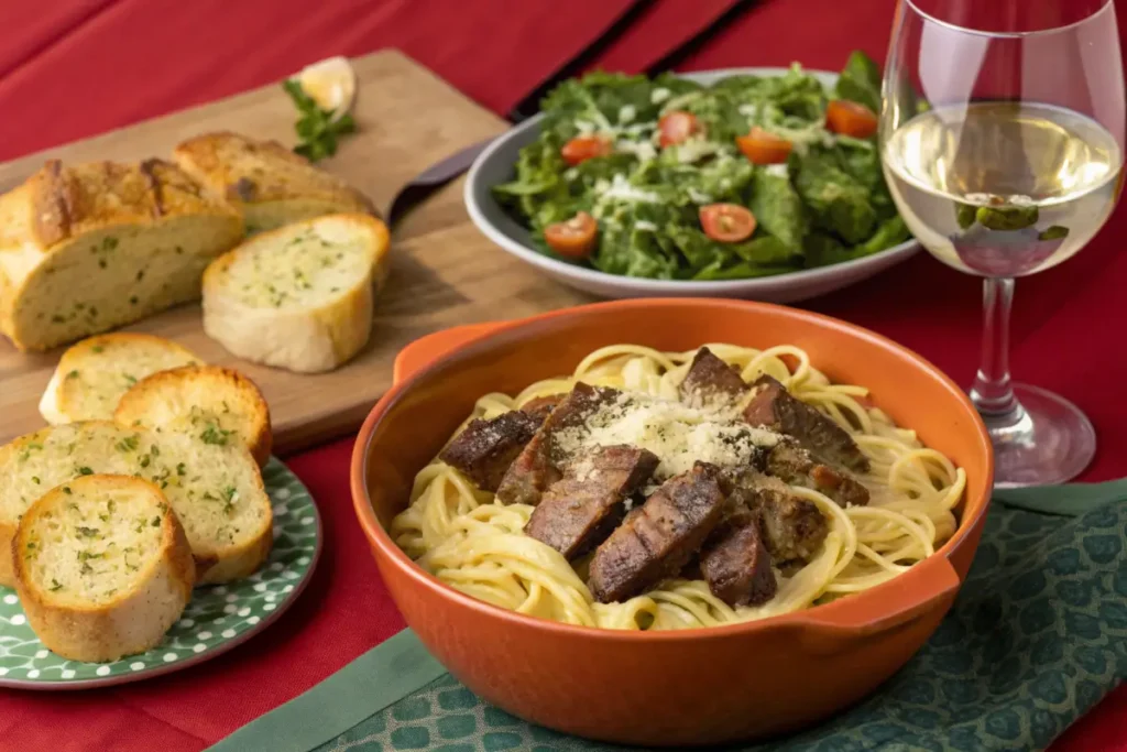 Steak Alfredo with garlic bread, Caesar salad, and a glass of wine.