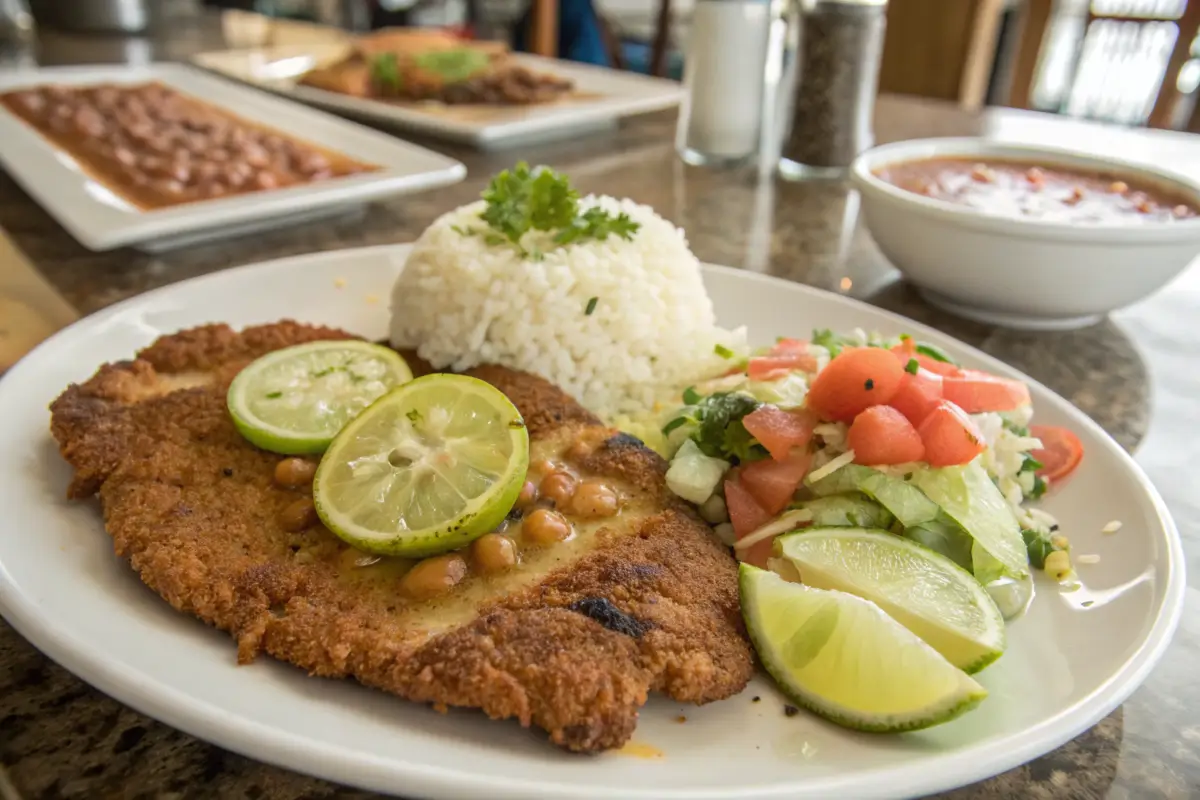 Beef Milanesa with rice, beans, and salad