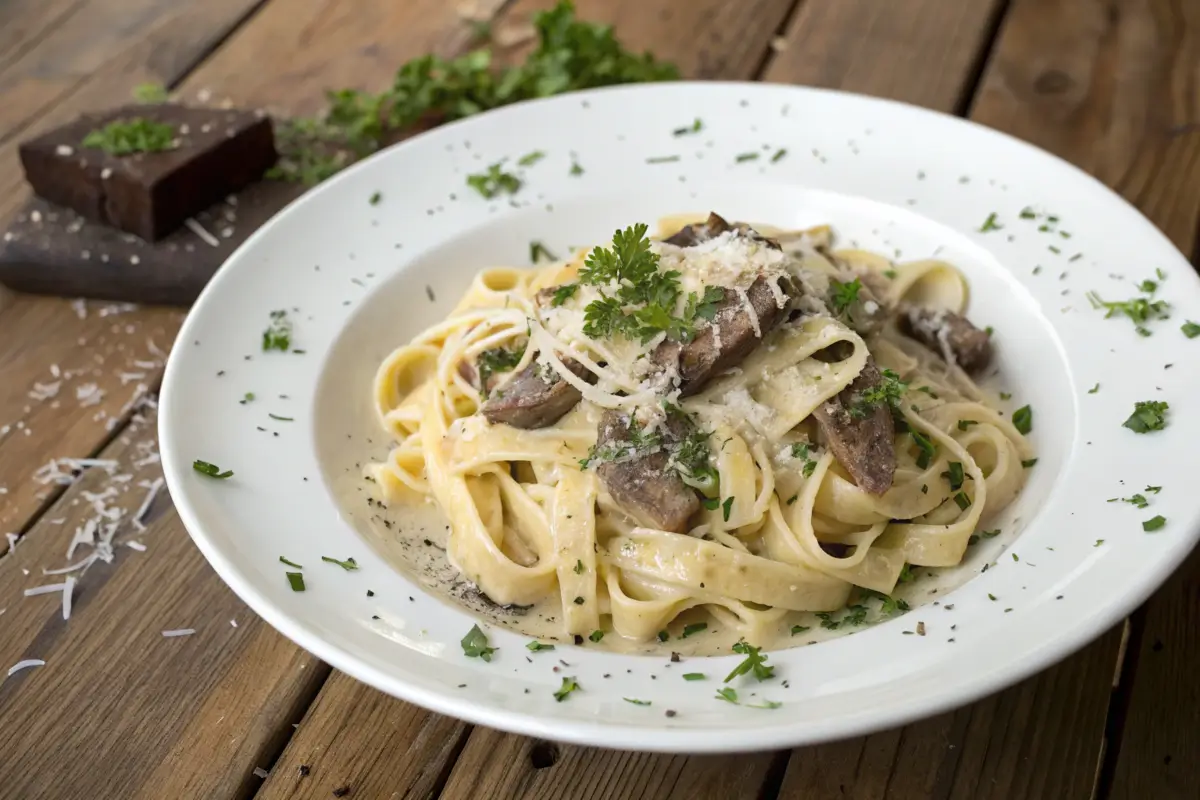 Plate of beef pasta Alfredo garnished with parsley and Parmesan.