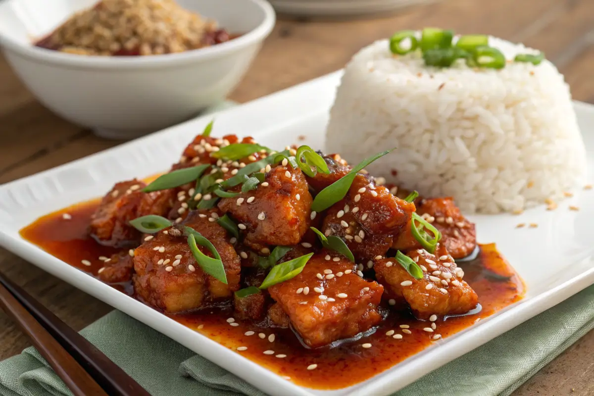 Empress Chicken garnished with green onions and served with rice