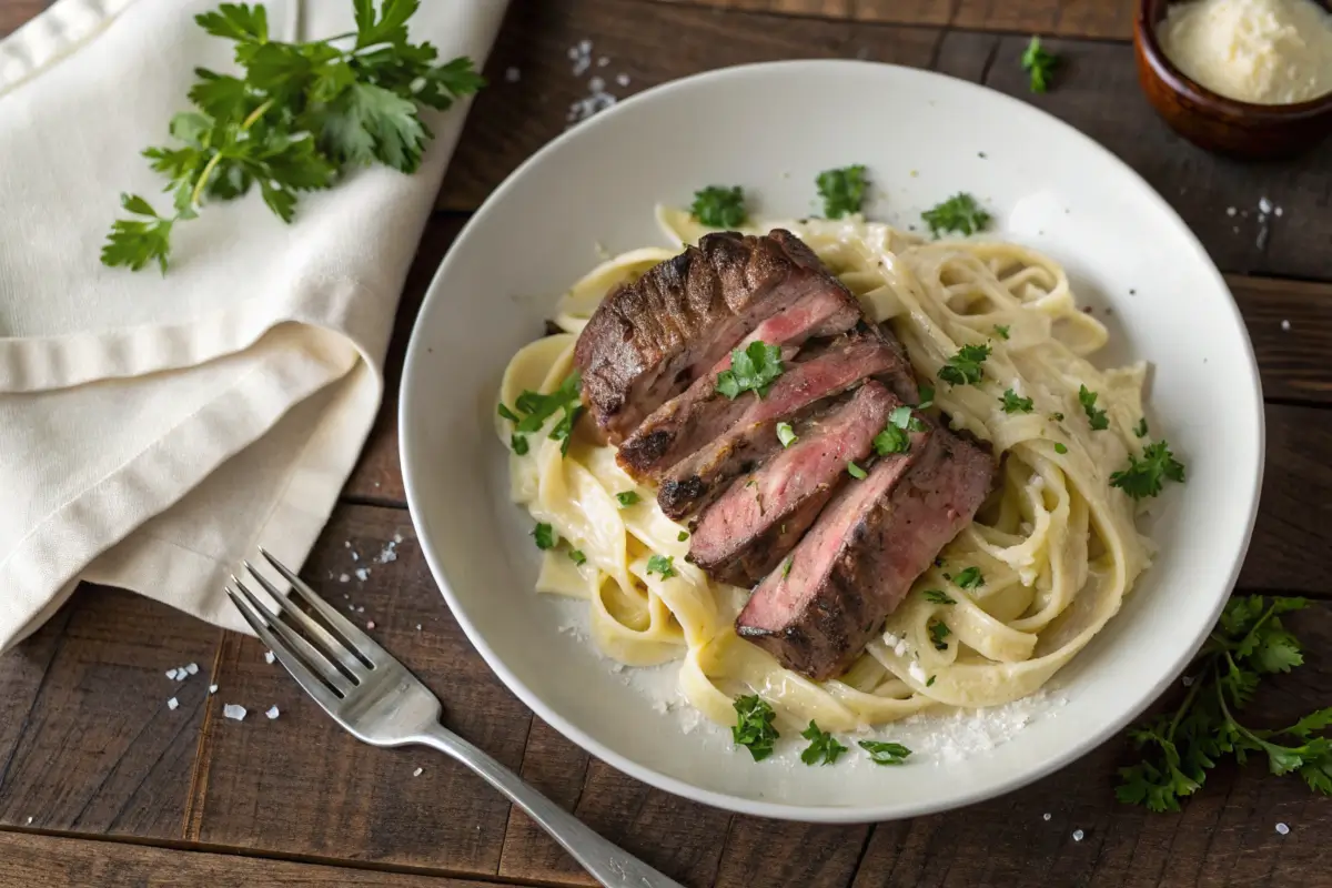 Steak Alfredo plated with creamy fettuccine pasta and garnished with parsley.