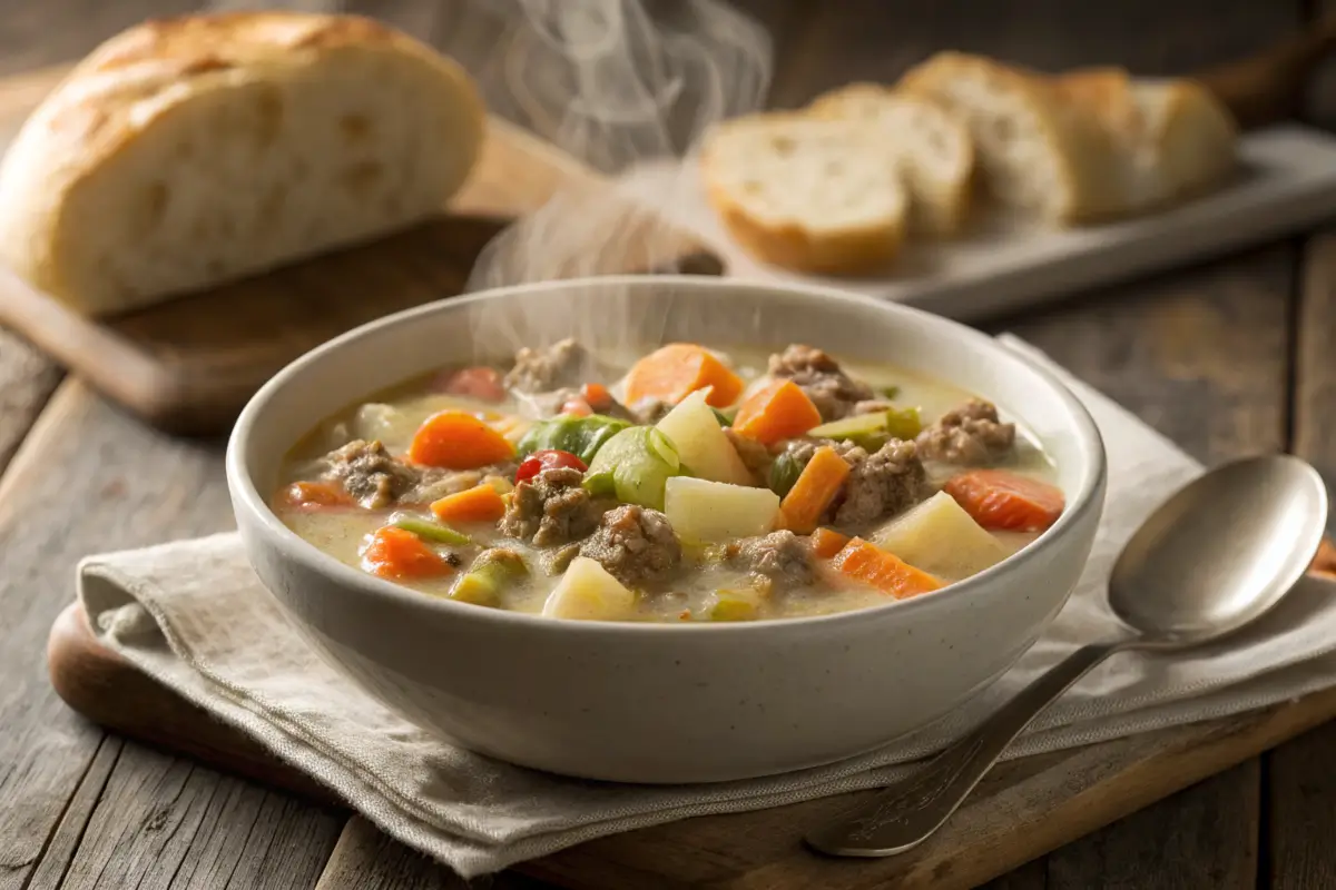 A bowl of creamy hamburger potato soup with potatoes and ground beef.