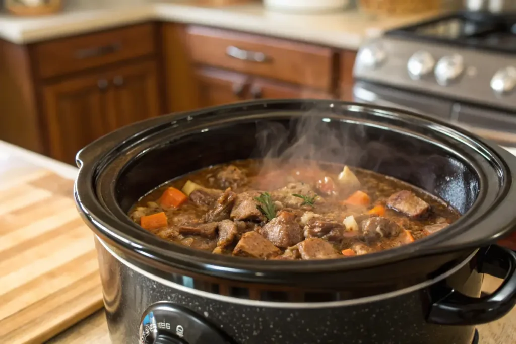 Slow cooker preparing no peek beef tips