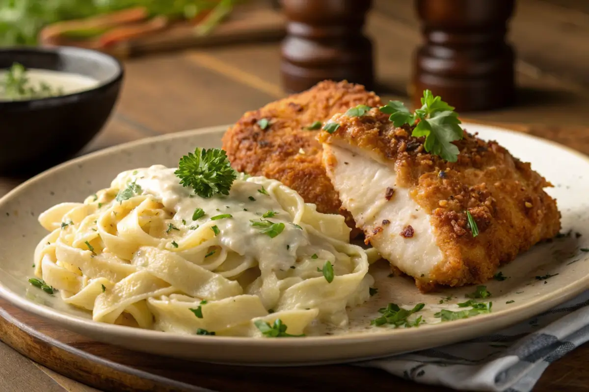 Golden crispy chicken fritta with Alfredo pasta garnished with parsley.