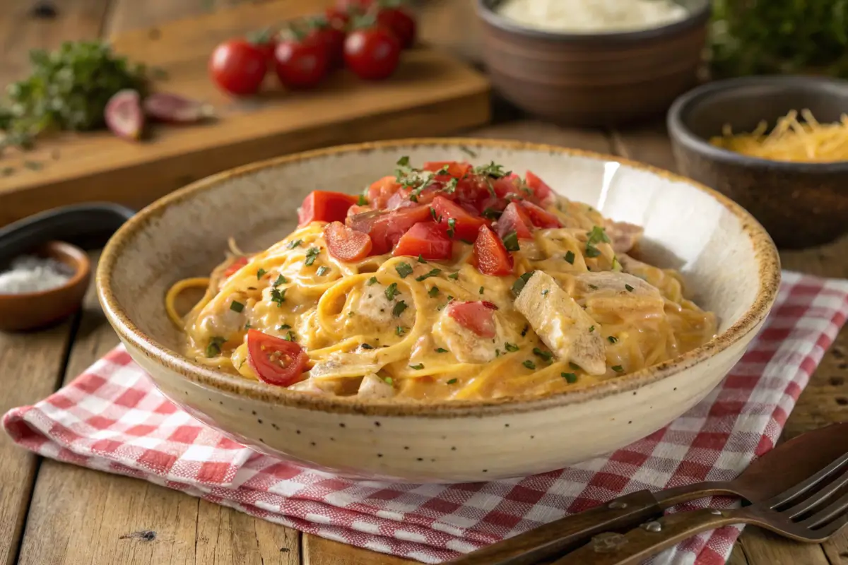 Delicious chicken spaghetti with Rotel served in a rustic bowl