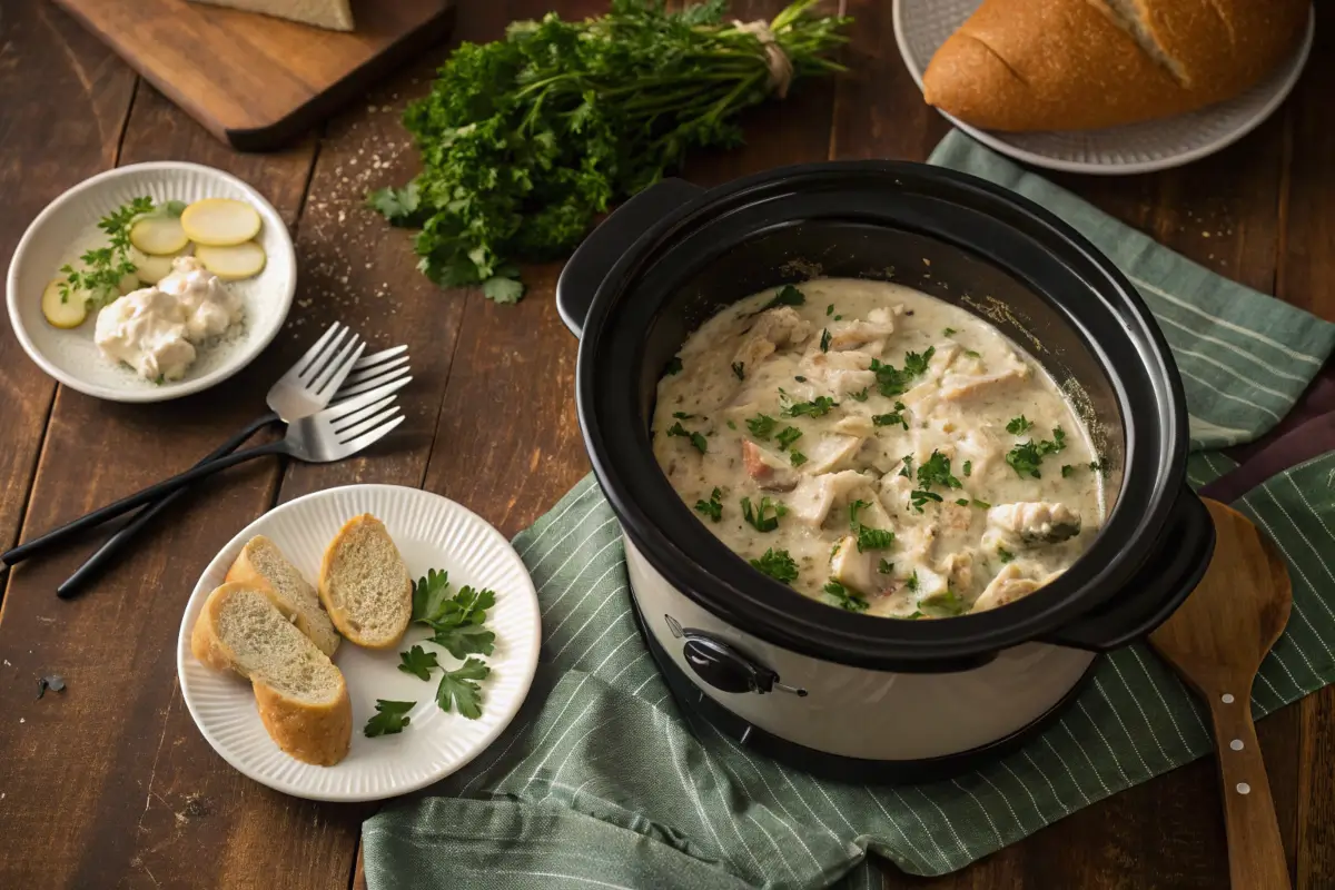 Slow cooker garlic Parmesan chicken served fresh in a slow cooker.