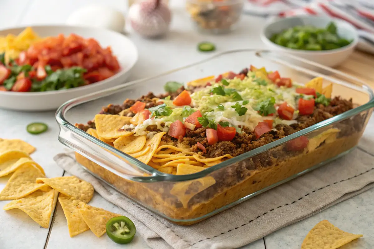 Freshly baked walking taco casserole topped with lettuce, tomatoes, and cheese.