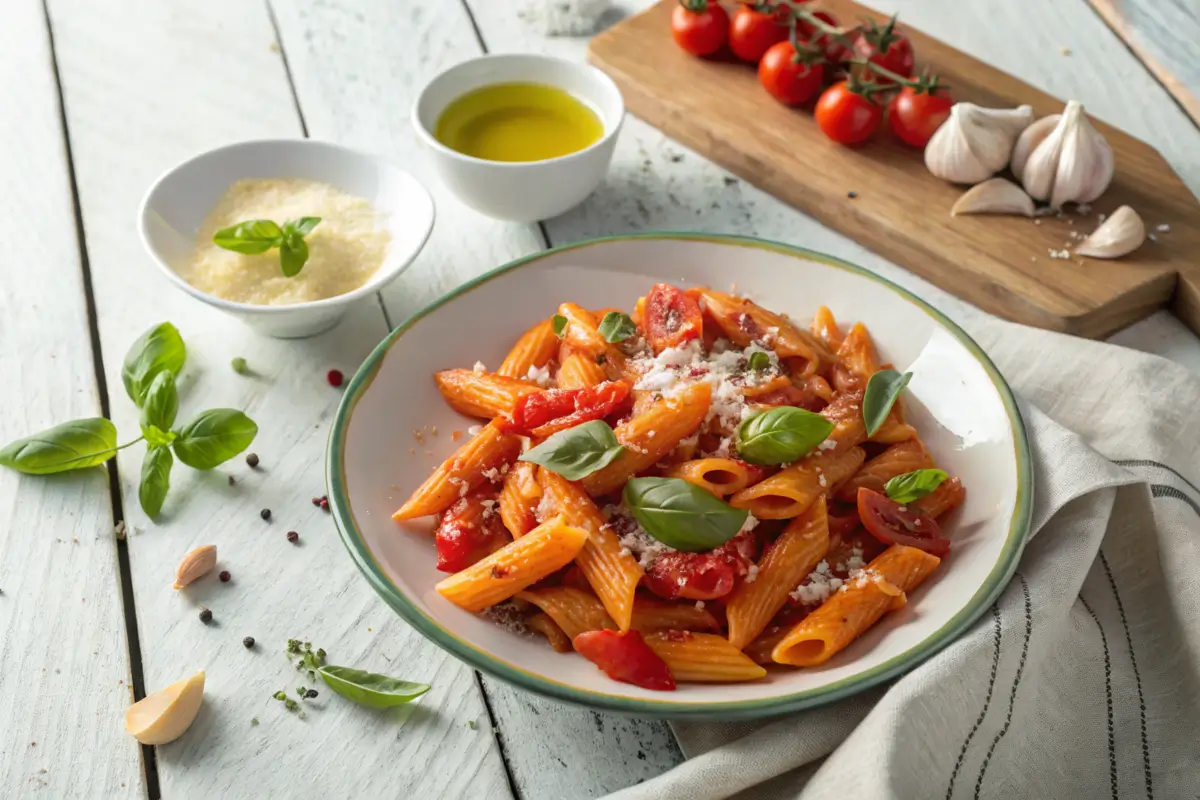 Ingredients for penne pomodoro on a marble surface