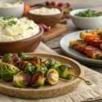 Table with keto side dishes like mashed cauliflower and grilled veggie skewers.