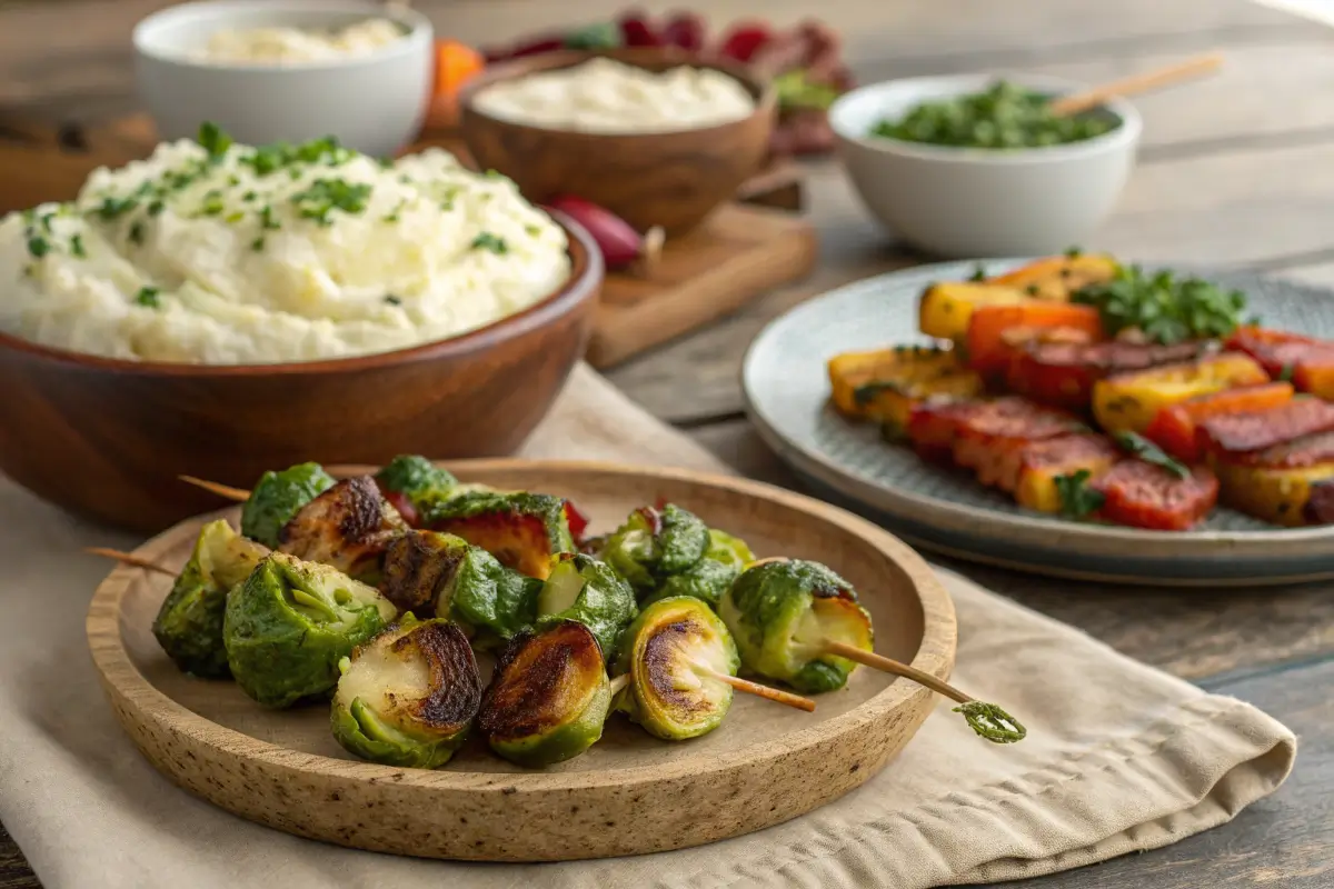 Table with keto side dishes like mashed cauliflower and grilled veggie skewers.