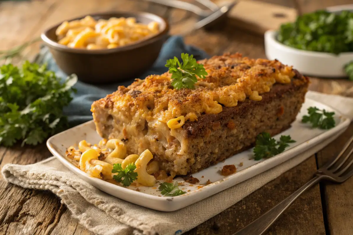 Mac and cheese meatloaf casserole garnished with parsley on a wooden table.