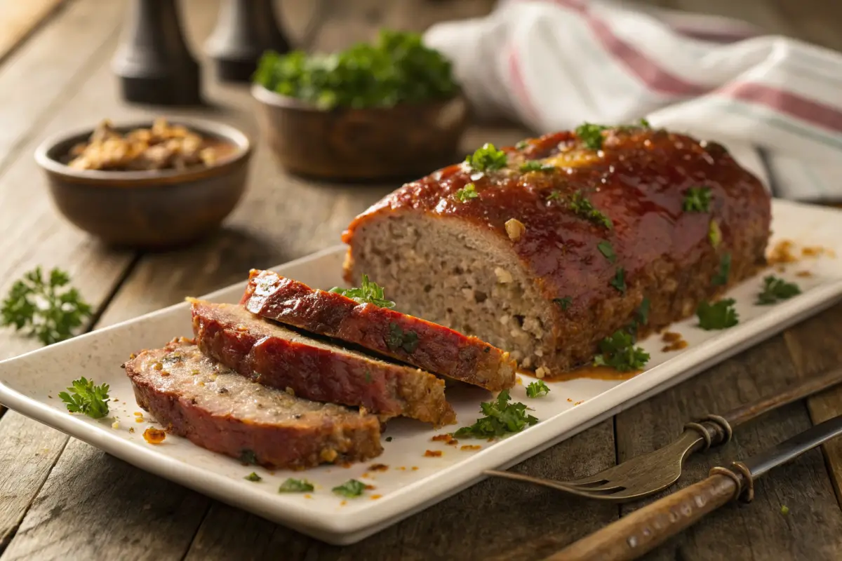 Sliced meatloaf with stuffing garnished with parsley.