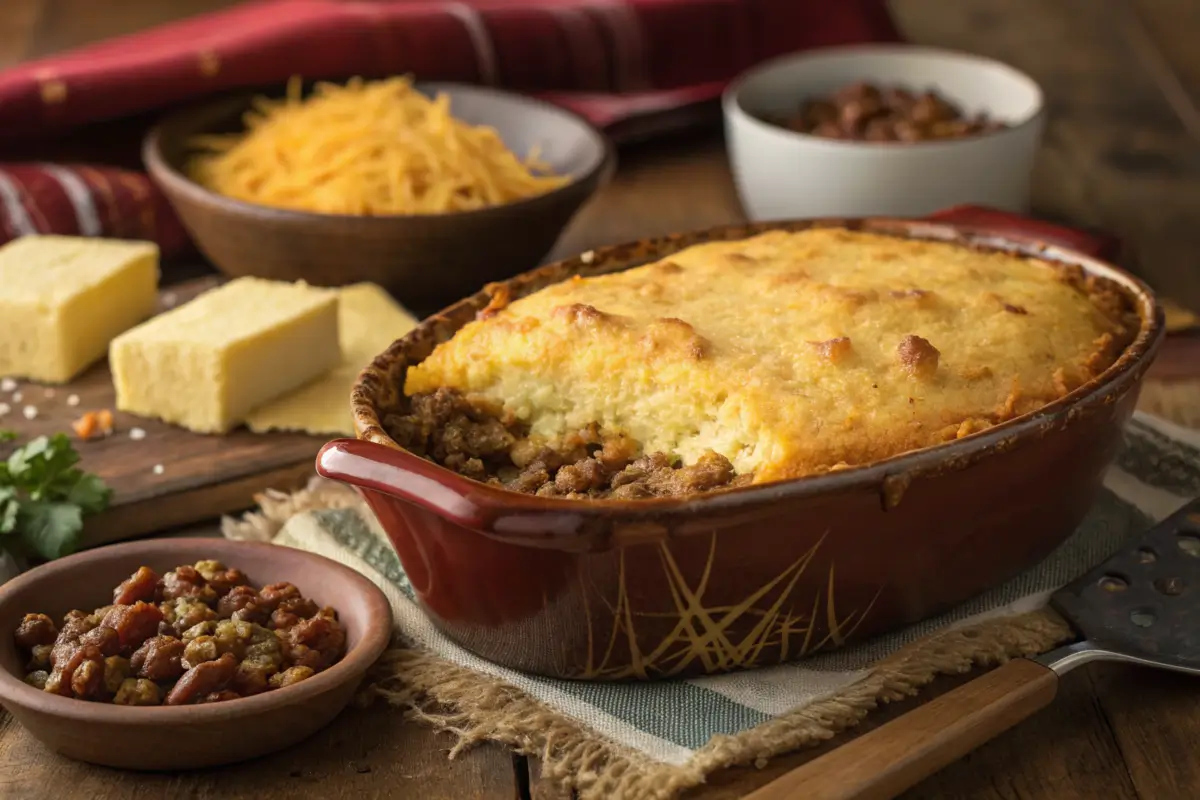 Cowboy Cornbread Casserole in a rustic dish.