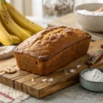 Freshly baked 4 ingredient banana bread on a wooden board.