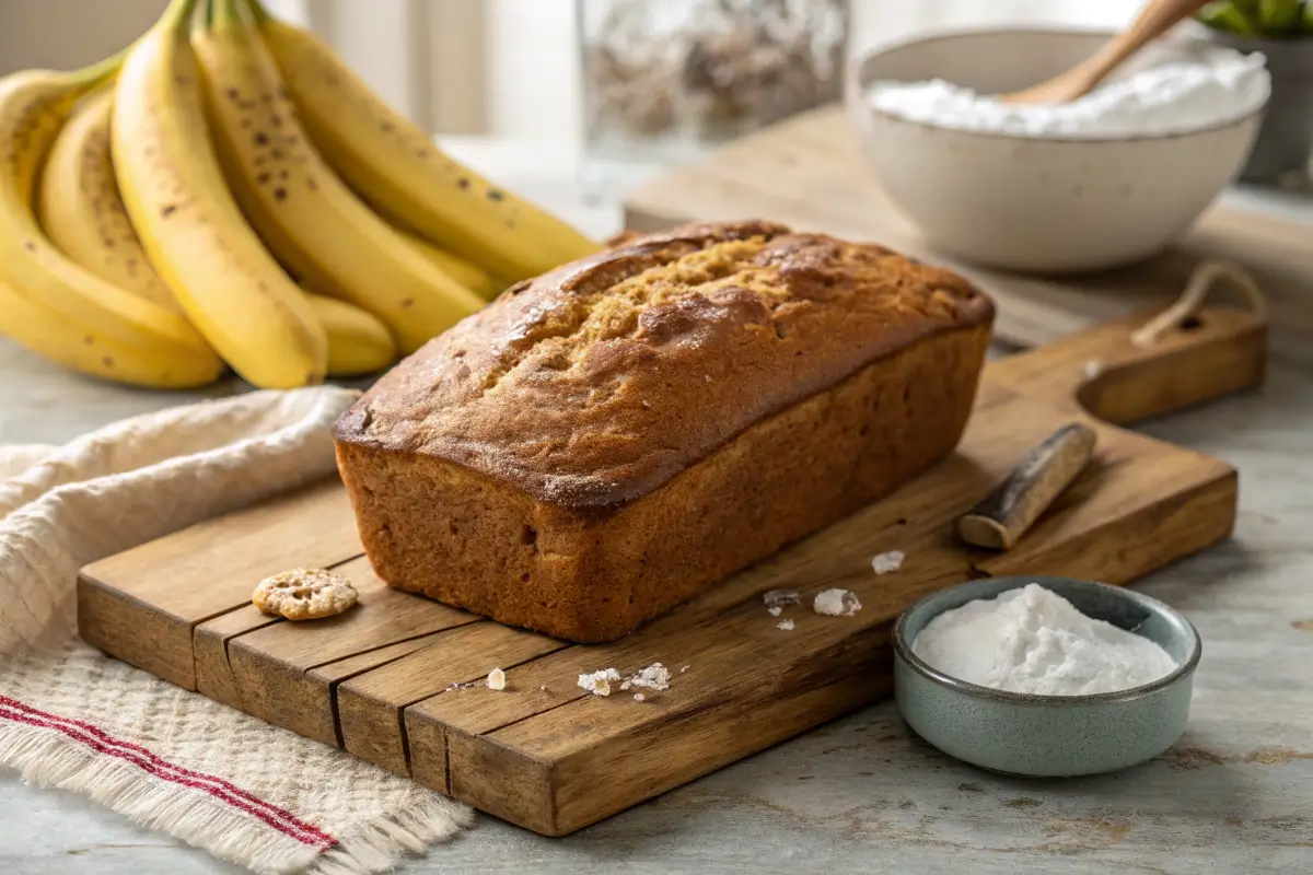 Freshly baked 4 ingredient banana bread on a wooden board.