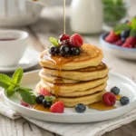 Stack of mini pancakes with berries and syrup.